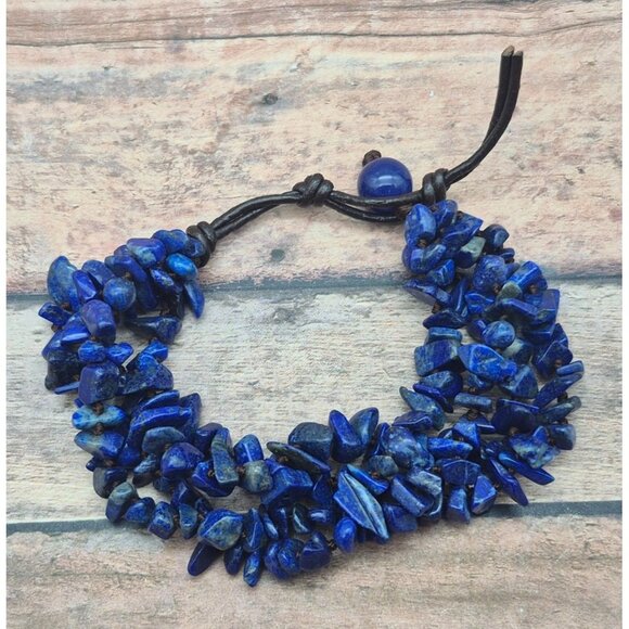 Natural Blue Lapis Chip Stone Muti Strand Bracelet Boho Hippie Nature Lover - Picture 7 of 9